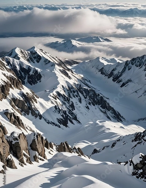 Obraz photorealistic image of a breathtaking panoramic view from the summit of a snow-covered mountain, Generative AI