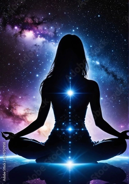Fototapeta silhouette of a girl in the lotus position against the background of outer space. meditation, space