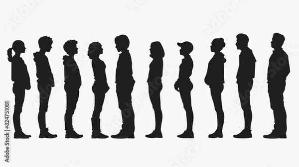 Fototapeta Highly detailed silhouettes of people standing in line, isolated on a white background in high-resolution PNG format. Perfect for realistic illustrations, clip art, and graphic design projects.