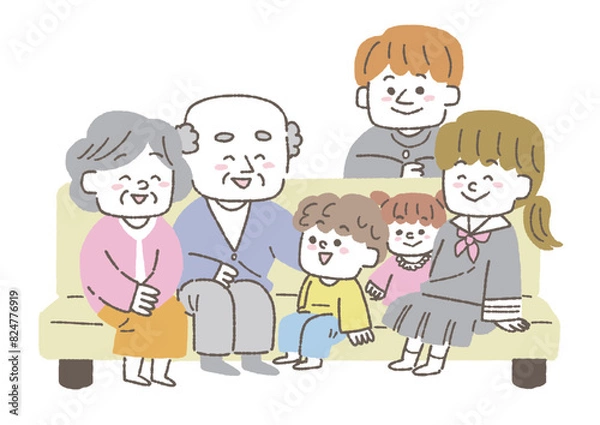 Obraz 孫と楽しく過ごす高齢夫婦のイラスト