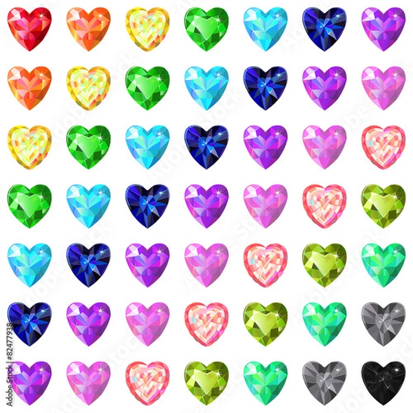 Fototapeta Seamless texture of colored heart cut gems isolated on white bac