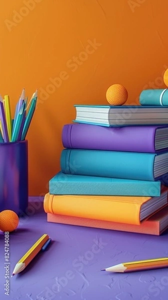 Fototapeta Books and pen holders on colorful bookshelves