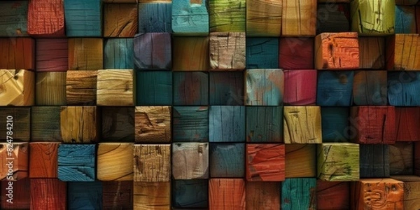Fototapeta Abstract block stack wooden 3d cubes, colorful wood texture for backdrop