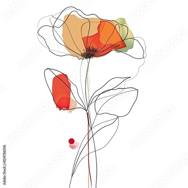 Fototapeta Professional Minimal Flower: Continuous Thick Line, Boho Design, Color Patches, White Background