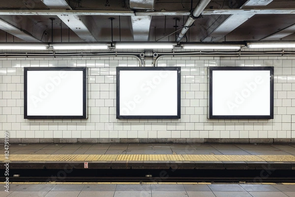 Fototapeta Three digital screens billboards mockup in the urban environment, blank space to display your advertising or branding campaign