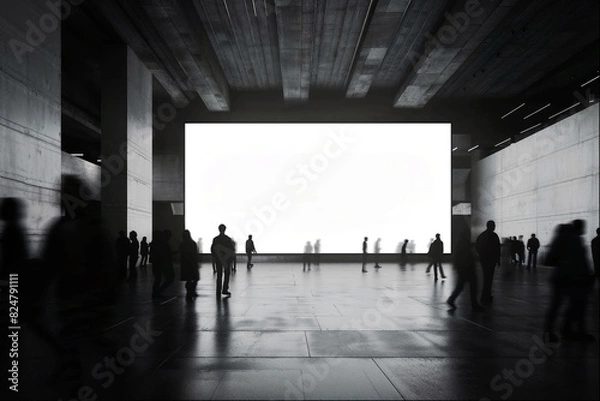 Fototapeta Digital screen billboard mockup in the event hall with people silhouettes, blank space to display your advertising or branding campaign