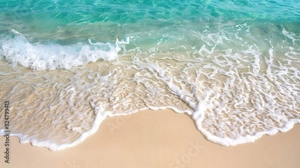 Fototapeta Crystal clear ocean waves gently lapping against a pristine sandy beach, tranquil and serene atmosphere, endless horizon, calming and peaceful, copy space.,