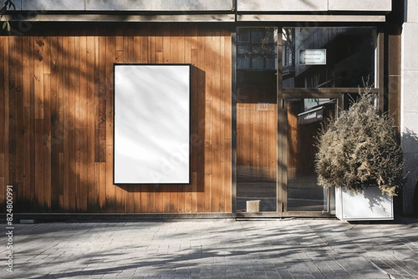 Fototapeta Signboard poster mockup on a wooden facade of the building, blank space to display your advertising or branding campaign