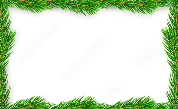 Fototapeta Christmas branch frame 3D. Green garland border isolated on white background. Template texture for holiday banner, decoration, invitation, New Year card. Elegant realistic design. Vector illustration