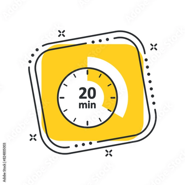 Obraz Cartoon сlock icon vector illustration. Timer sign 20 min on isolated yellow square background. Countdown sign concept.