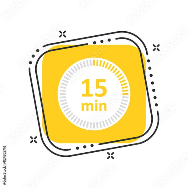 Obraz Cartoon сlock icon vector illustration. Timer sign 15 min on isolated yellow square background. Countdown sign concept.