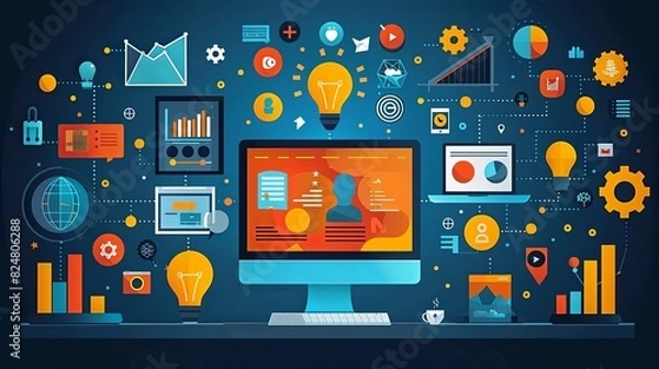 Fototapeta Set of design and development people illustrations. Flat design vector illustrations of graphic and web design and development, social media, creative process, app development