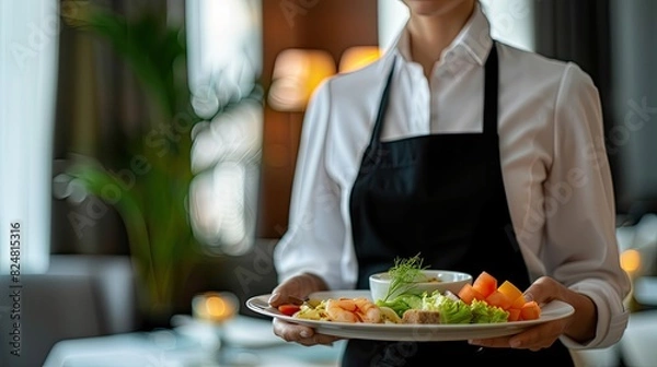 Obraz close-up of a waitress carrying a dish. Selective focus