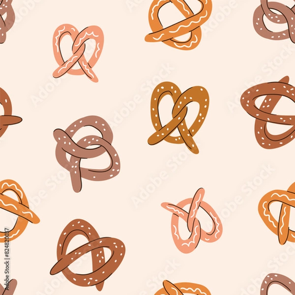 Fototapeta Cute pretzel seamless pattern. Vector bakery seamless print design in hand-drawn style. Stylized illustrated pretzels on light pink background. 