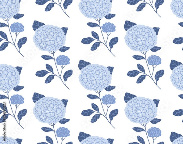 Fototapeta Blue hydrangea seamless pattern in hand-drawn style. Stylized flowers on white background. Hydrangea illustration in hand-drawn style. Elegance wedding seamless pattern. Botanical endless print