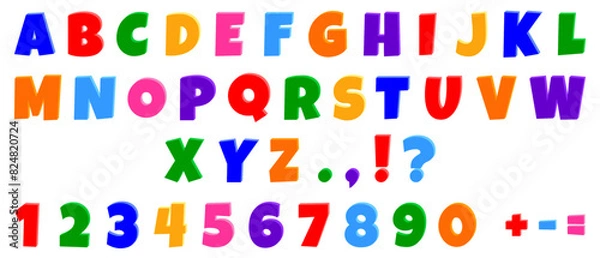Fototapeta 
Fun 3D English alphabet and numbers for learning, games and design. Colored letters set for school, vector.