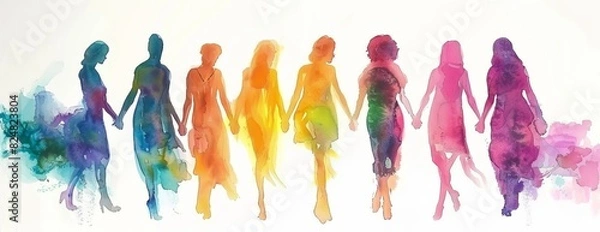 Obraz A watercolor painting of a group of diverse women holding hands, representing unity and sisterhood. The women are depicted in various colors, symbolizing equality and inclusion.