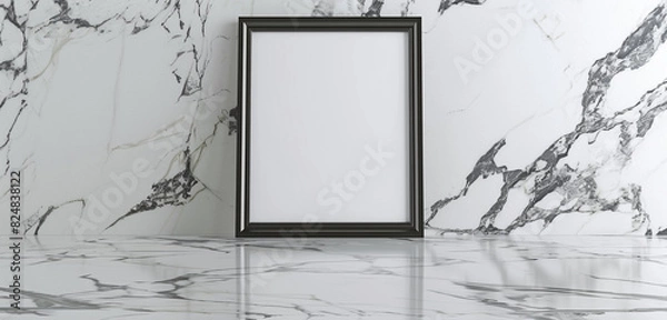 Fototapeta Minimalist gallery showcasing a 3D empty frame on a refined White Himalaya marble floor.