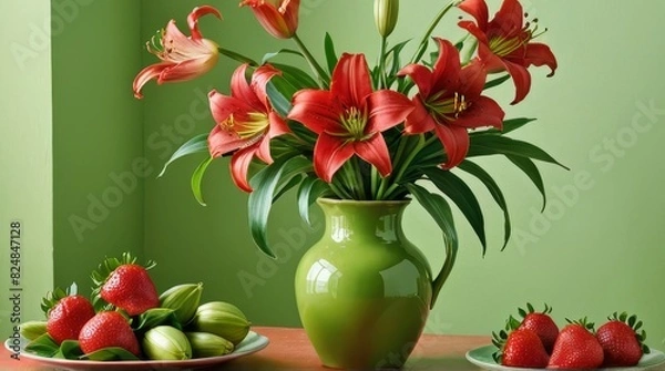 Fototapeta Vibrant Still Life: Green Lilies in a Red Vase with Juicy Strawberries on a Muted Green Background
