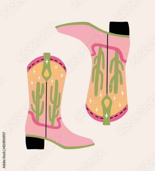 Fototapeta Retro pink cowgirl boot with desert and cacti. Groovy cowboys western and wild west theme. Hand drawn vector design for t shirt, sticker, poster.