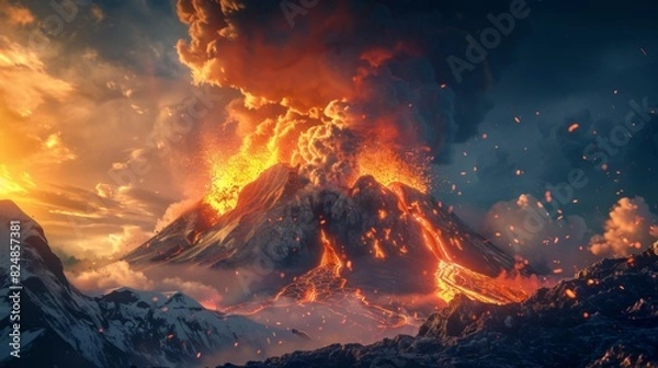 Fototapeta Volcano erupting hot lava and gases into the atmosphere. Lava spurting out of crater and smoke cloud