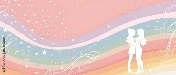 Fototapeta Whimsical Doodle Border Design with Embracing Silhouette of Friends and Muted Pastel Tones for Friendship Day Backdrop
