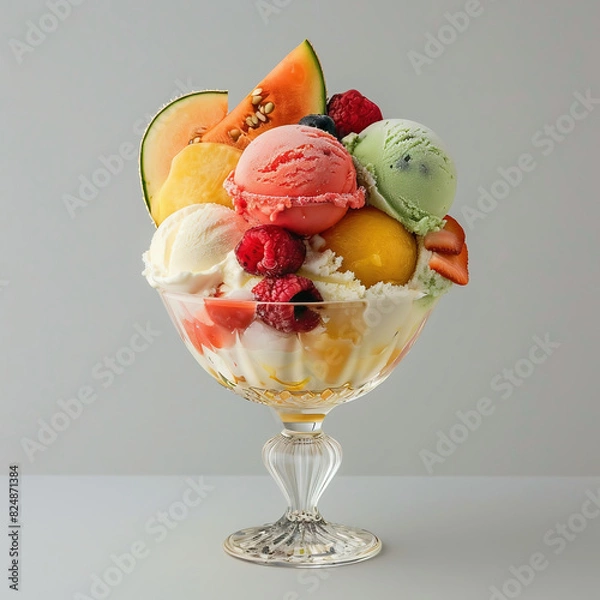Fototapeta Milk ice cream with fruit with a plain background