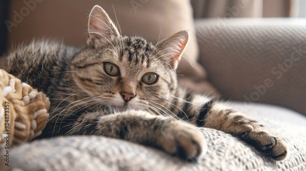 Fototapeta Relaxed tabby cat on couch. A tabby cat with beautiful markings relaxes on a cozy couch, enjoying a moment of peace and tranquility.