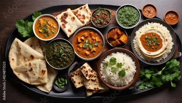 Fototapeta Indian Lunch / Dinner main course food in group includes Paneer Butter Masala, Dal Makhani, Palak Paneer, Roti, Rice etc, Selective focus Top view. Free space for your text.
