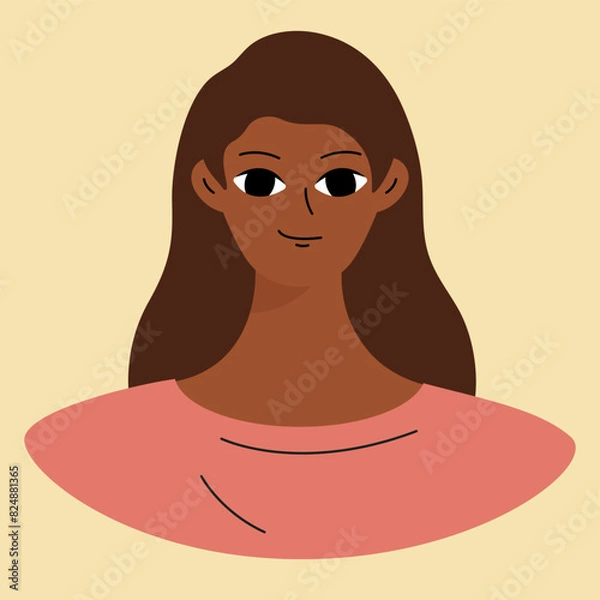Fototapeta Face of a young black girl. African american brunette. Character design in flat style isolated on white backround.