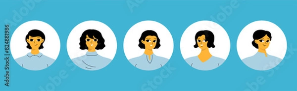 Fototapeta Collection of different people avatars. Round icons with various smiling women. Modern vector illustration.