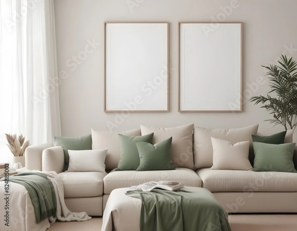 Fototapeta Frame mockup, ISO A paper size. Living room wall poster mockup. wall mockup. Interior mockup with house background. Modern interior design. 3D render