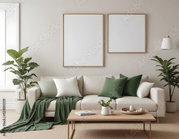 Fototapeta Frame mockup, ISO A paper size. Living room wall poster mockup. wall mockup. Interior mockup with house background. Modern interior design. 3D render