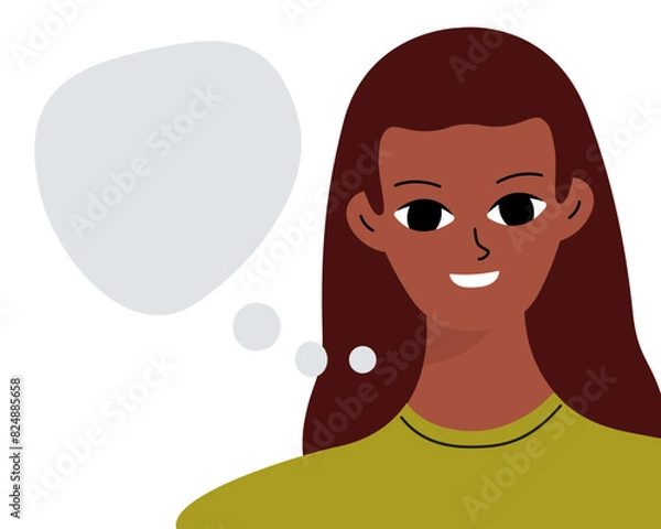 Fototapeta Black brunette reports information. Empty space for text, message. Smiling beautiful african woman in flat design.