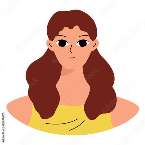 Fototapeta Positive emotions concept. Cartoon cute girlish face. Woman with happy smile. Isolated vector character.
