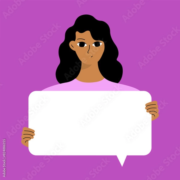 Fototapeta Pretty brunette swowing empty presentation. Young black woman holding blank placard, poster, paper. Simple flat style.