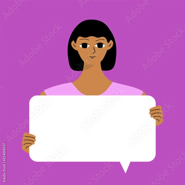 Fototapeta Pretty brunette swowing empty presentation. Young black woman holding blank placard, poster, paper. Simple flat style.