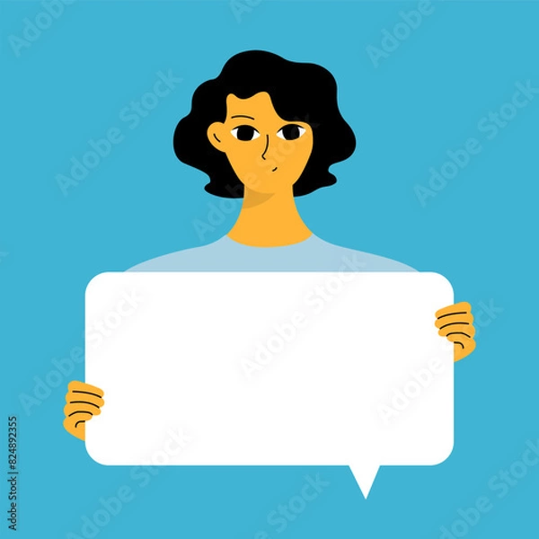 Fototapeta Young woman holding blank placard, poster, mockup. Pretty girl swowing empty presentation. Isolated illustration.