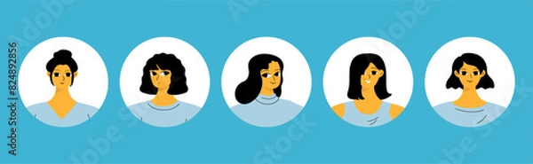 Fototapeta Collection of different people avatars. Round icons with various smiling women. Modern vector illustration.