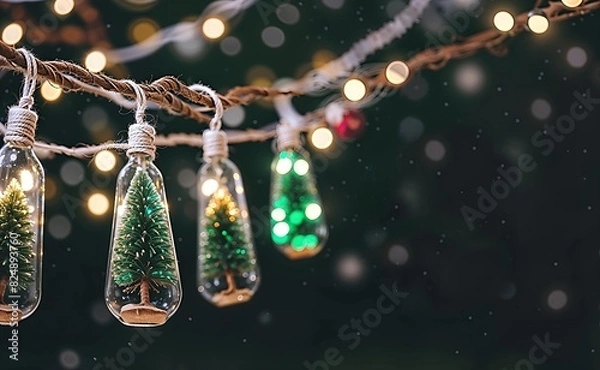 Fototapeta Miniature Christmas trees in lightbulb ornaments  hanging from a tree branch