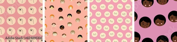 Fototapeta Collection of four repeating patterns, pretty girlish faces. Seamless design for stationery, branding, female appearance, universal continuous prints.