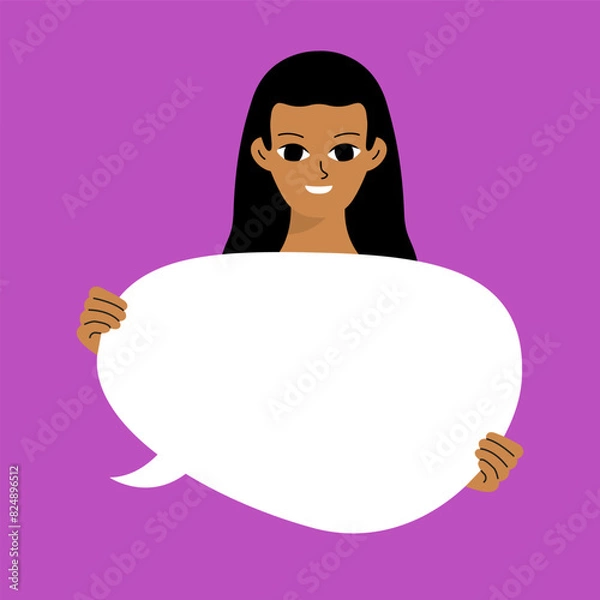 Fototapeta Pretty brunette swowing empty presentation. Young black woman holding blank placard, poster, paper. Simple flat style.