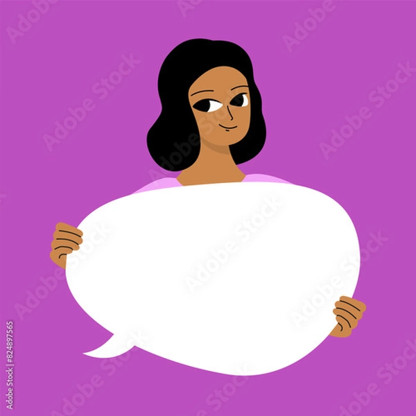Fototapeta Pretty brunette swowing empty presentation. Young black woman holding blank placard, poster, paper. Simple flat style.