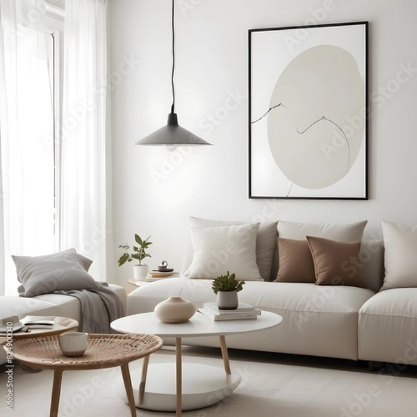 Fototapeta Frame mockup, ISO A paper size. Living room wall poster mockup. Modern interior design.Living room Interior mockup with house background. 3D render