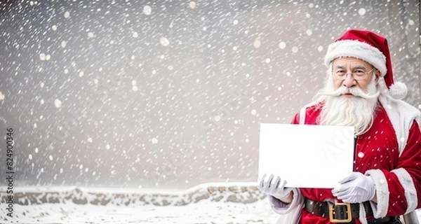 Fototapeta Santa Claus is standing in front of a snowy background holding a blank sign. He is wearing a red Santa suit with white trim and white gloves