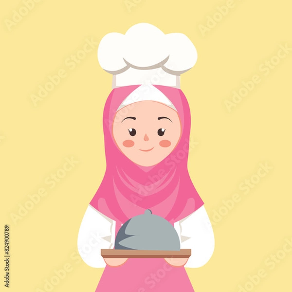 Fototapeta vector illustration of a cute chef wearing a hijab