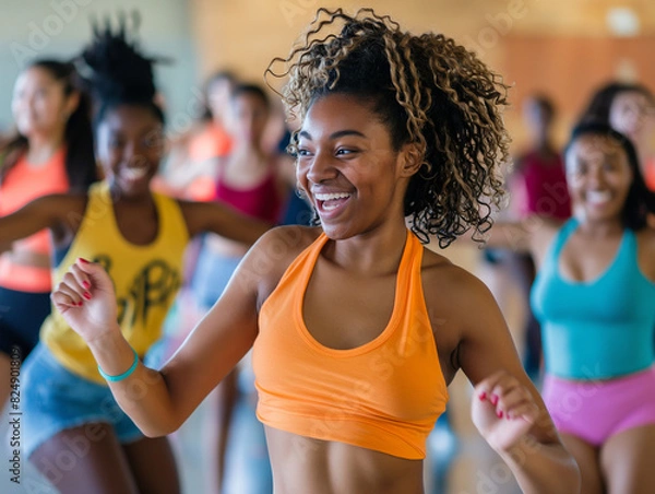 Obraz A young woman smiling brightly, leading an energetic dance fitness class filled with enthusiastic participants.