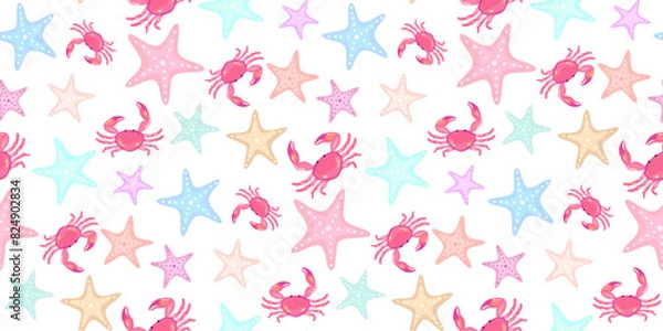 Fototapeta Red crabs with colorful starfish, undersea, marine life creatures seamless pattern design. Coastal life on white background