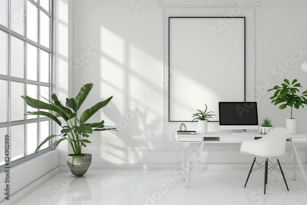 Fototapeta Modern Home Office Interior. Comfortable office chair near table with modern computer. Scandinavian Style Attic Modern Home Office Interior. Stylish workplace for bloggers. Home design. White walls.