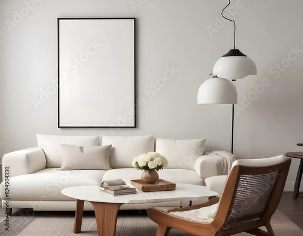 Fototapeta Frame mockup, ISO A paper size. Living room wall poster mockup. Modern interior design. Living room Interior mockup with house background. 3D render